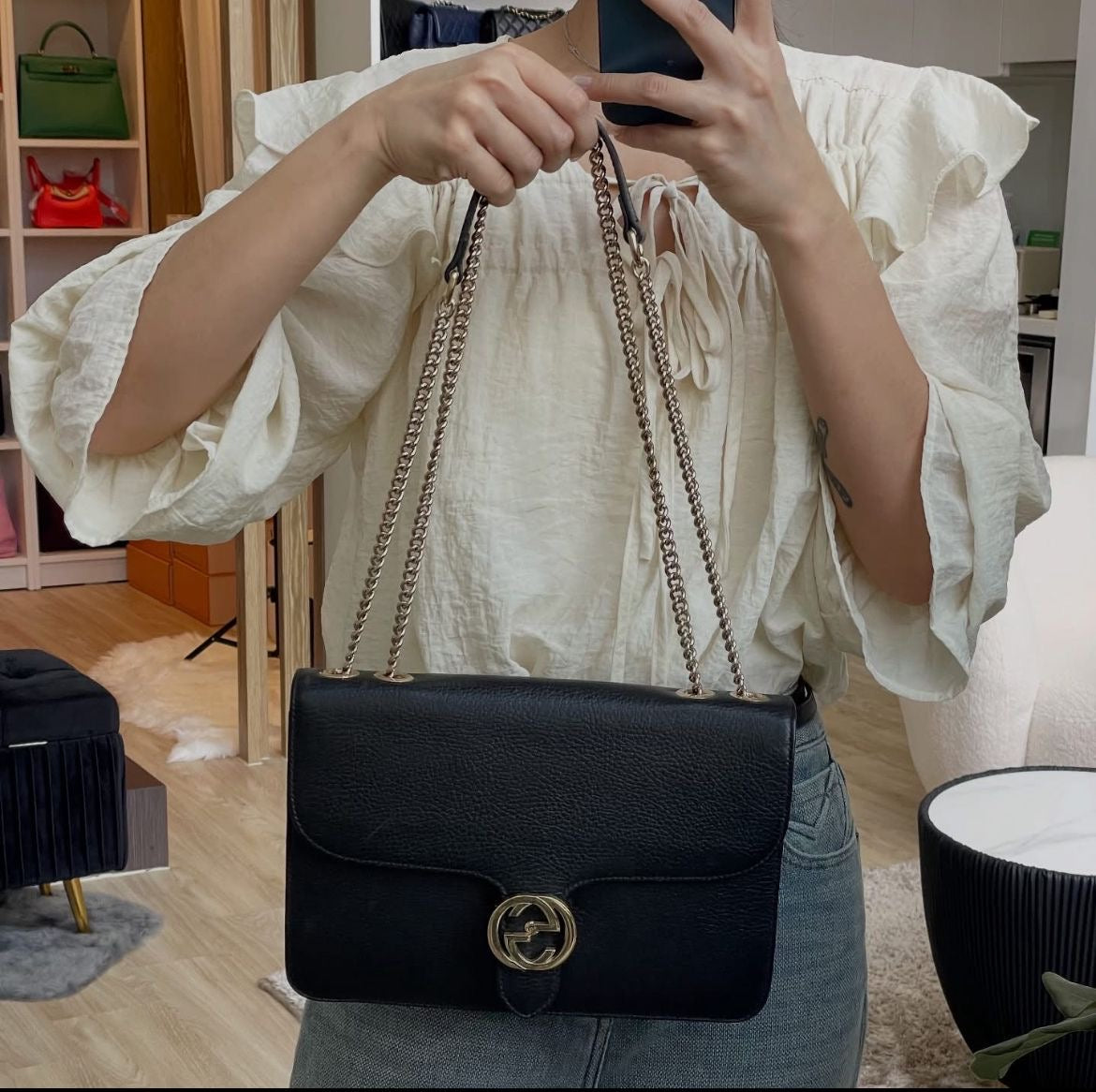 Gucci Black Leather Interlocking Ladies Bag