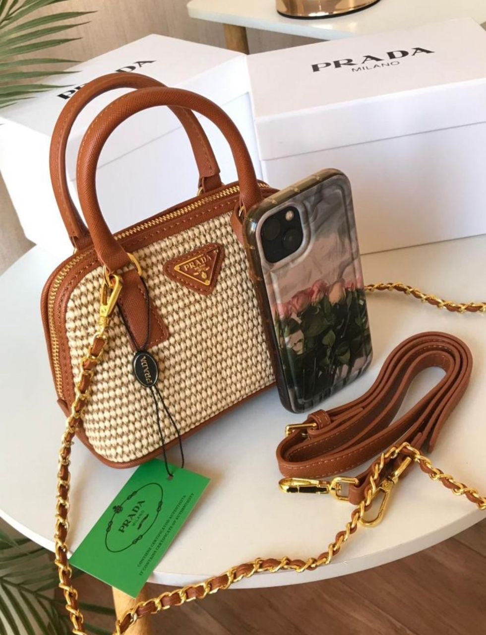 Prada Woven Mini Bag Beige & Brown