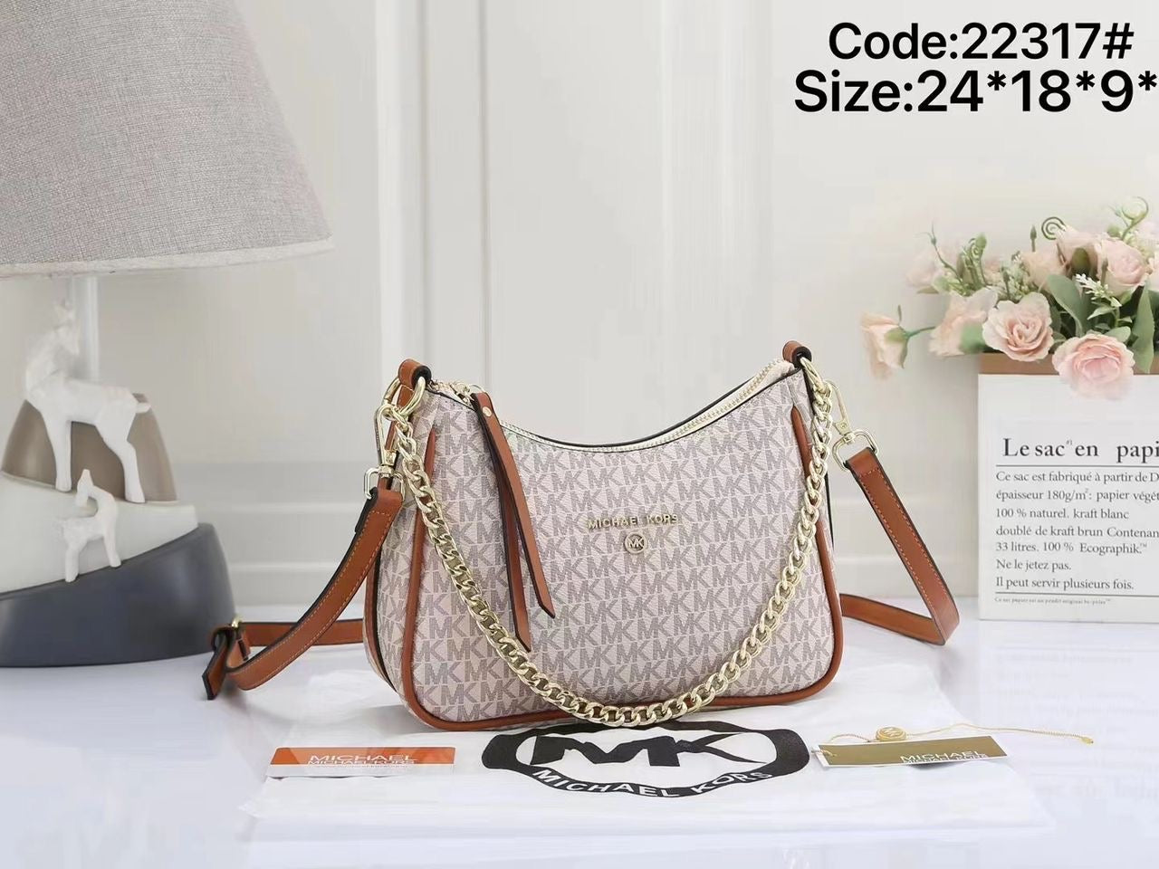 Michael Kors Signature Monogram Chain Shoulder & Crossbody Bag – Beige Brown
