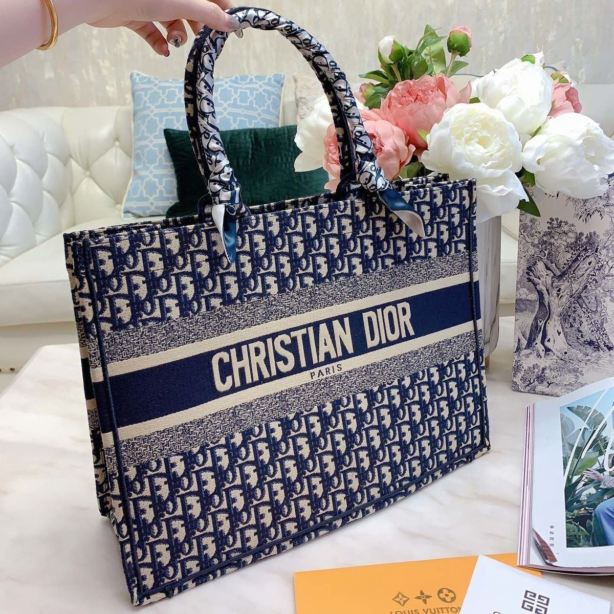 Christian Dior Blue Canvas Medium Oblique Book Tote Bag