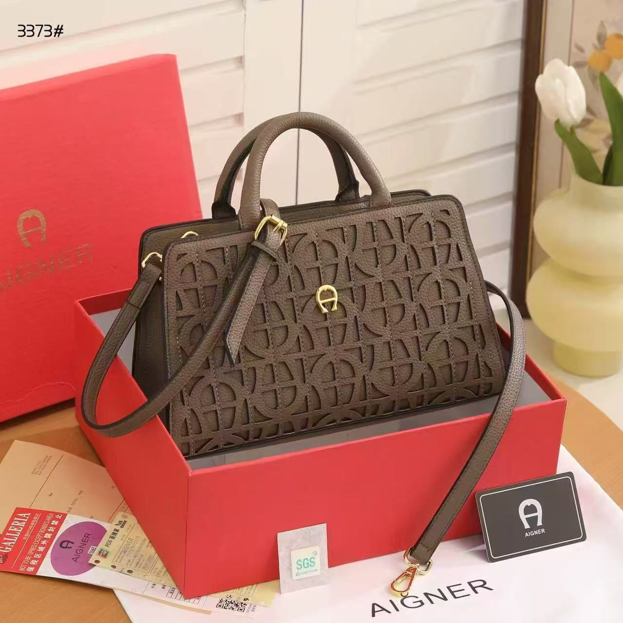 Aigner Structured Top Handle Bag – Taupe Grey