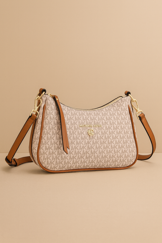Michael Kors Signature Monogram Chain Shoulder & Crossbody Bag – Beige Brown