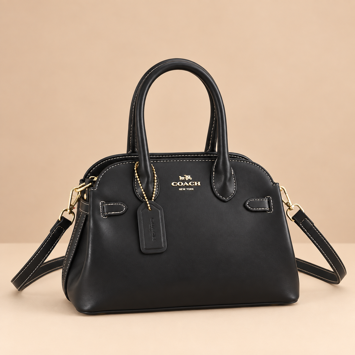 Coach Rowan Satchel Bag in Black Contrast Stitch
