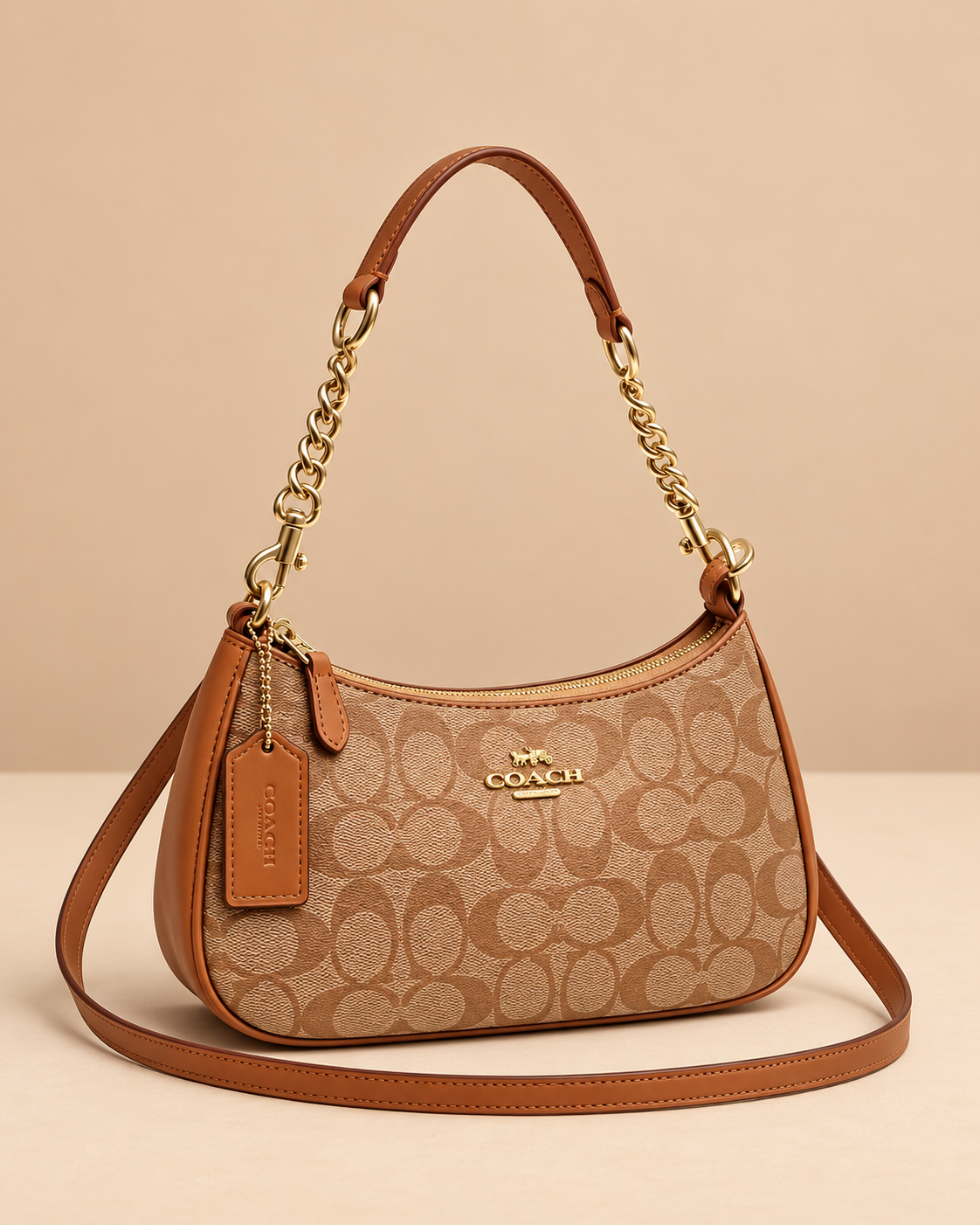 Coach Teri Signature Chain Shoulder Bag Signature Tan Brown